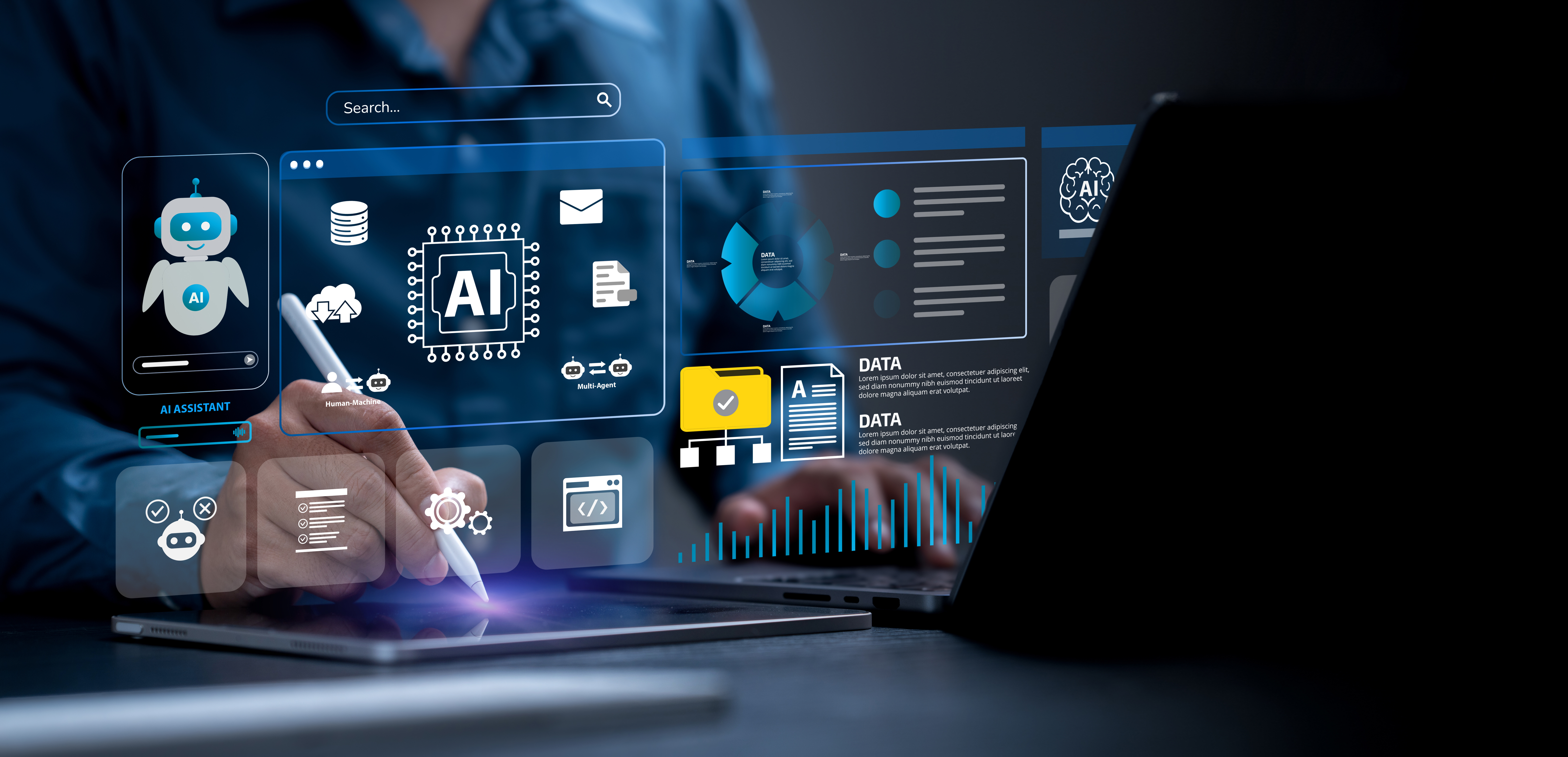 AI agent and generative artificial intelligence concept. Businessman using AI agents on screen including chatbots, AI assistants, and data analytics tools on a laptop. LLM, Ai agentic workflows. ML.